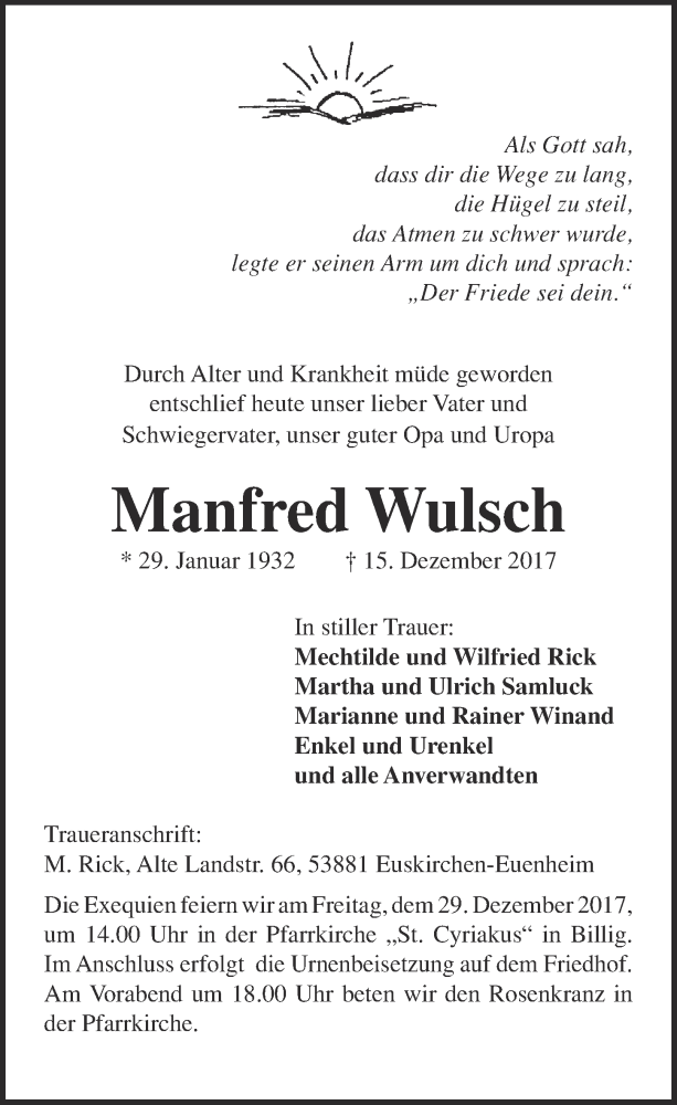  Traueranzeige für Manfred Wulsch vom 23.12.2017 aus  Blickpunkt Euskirchen 