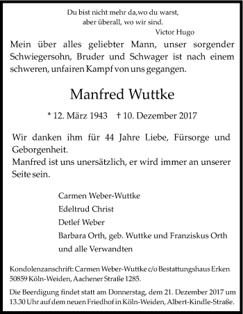 Anzeige von Manfred Wuttke von Kölner Stadt-Anzeiger / Kölnische Rundschau / Express