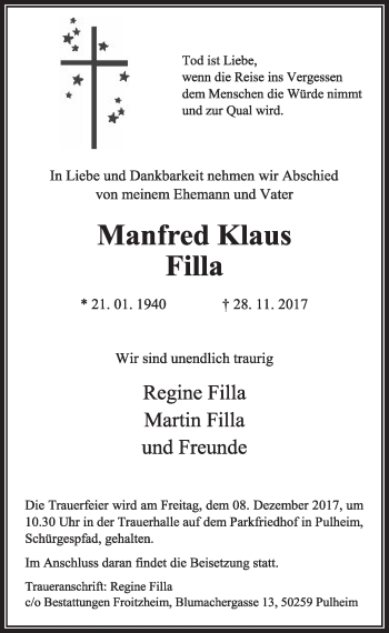 Anzeige von Manfred Klaus Filla von  Sonntags-Post 