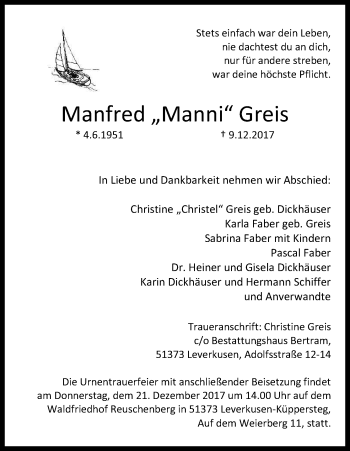 Anzeige von Manfred Manni Greis von Kölner Stadt-Anzeiger / Kölnische Rundschau / Express