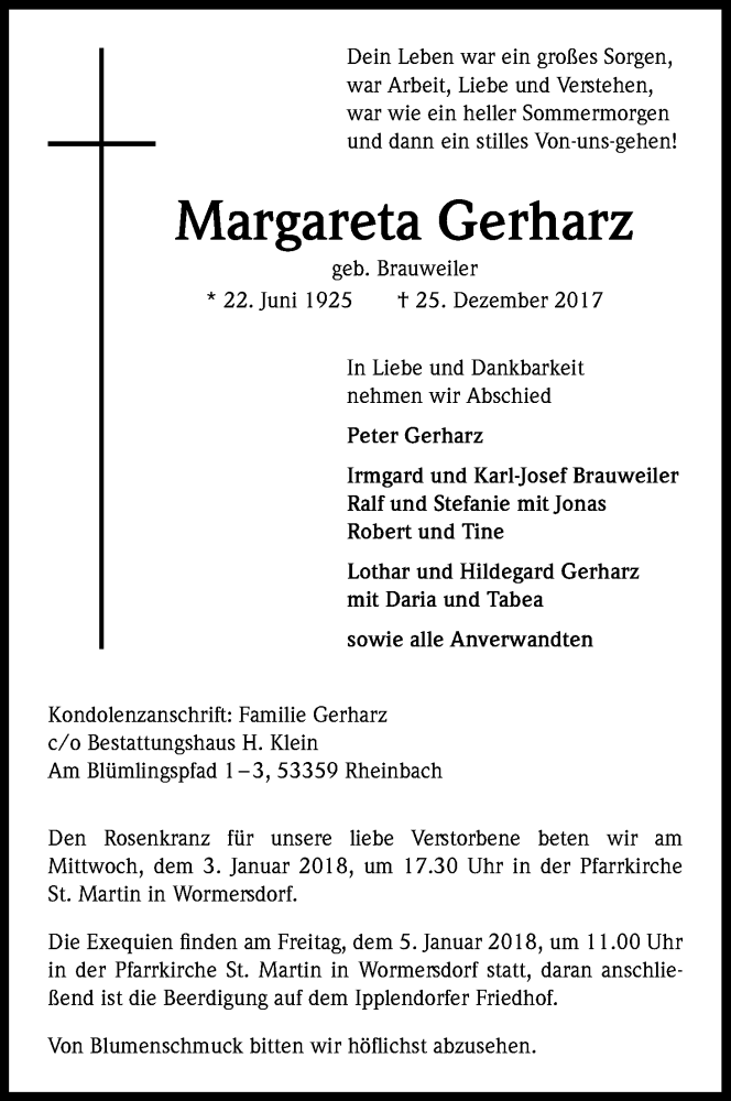  Traueranzeige für Margareta Gerharz vom 30.12.2017 aus Kölner Stadt-Anzeiger / Kölnische Rundschau / Express