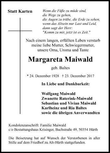 Anzeige von Margareta Maiwald von Kölner Stadt-Anzeiger / Kölnische Rundschau / Express