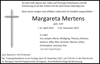 Anzeige von Margareta Mertens von Kölner Stadt-Anzeiger / Kölnische Rundschau / Express