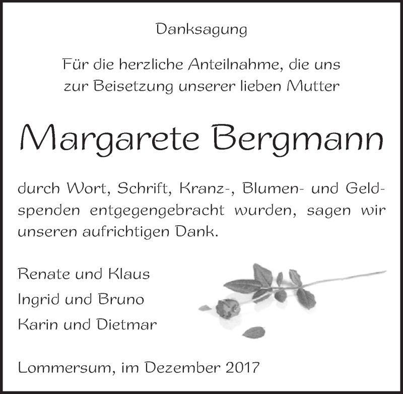  Traueranzeige für Margarete Bergmann vom 09.12.2017 aus  Blickpunkt Euskirchen 