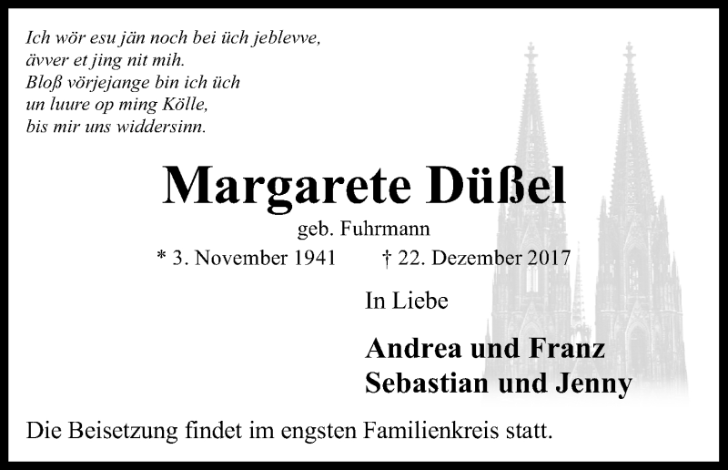  Traueranzeige für Margarete Düßel vom 30.12.2017 aus Kölner Stadt-Anzeiger / Kölnische Rundschau / Express