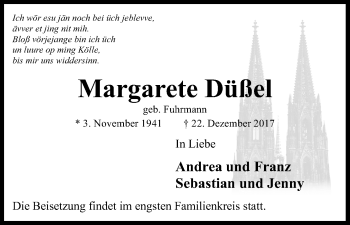 Anzeige von Margarete Düßel von Kölner Stadt-Anzeiger / Kölnische Rundschau / Express