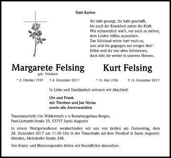 Anzeige von Margarete Felsing von Kölner Stadt-Anzeiger / Kölnische Rundschau / Express