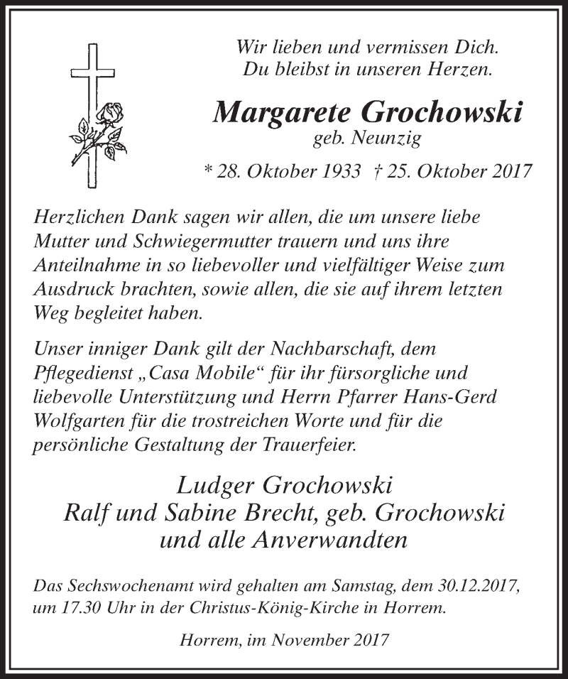  Traueranzeige für Margarete Grochowski vom 02.12.2017 aus  Sonntags-Post 