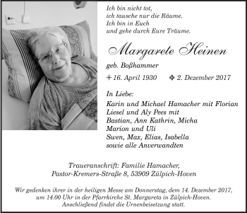 Anzeige von Margarete Heinen von  Blickpunkt Euskirchen 