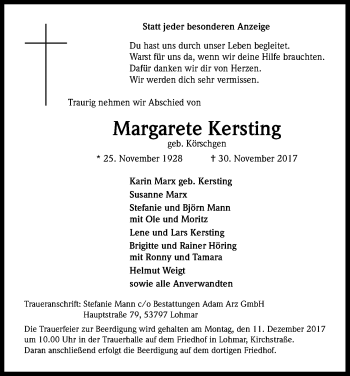 Anzeige von Margarete Kersting von Kölner Stadt-Anzeiger / Kölnische Rundschau / Express