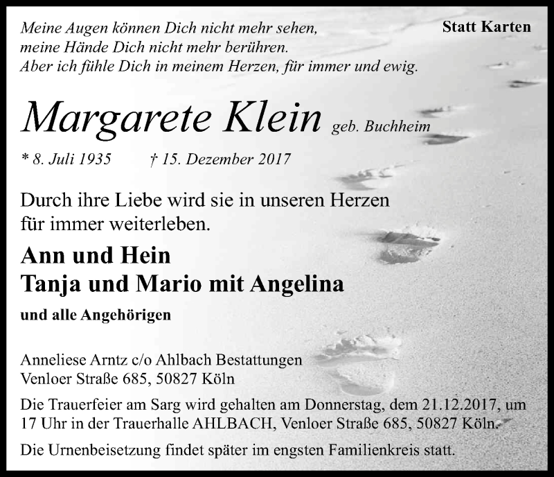  Traueranzeige für Margarete Klein vom 19.12.2017 aus Kölner Stadt-Anzeiger / Kölnische Rundschau / Express