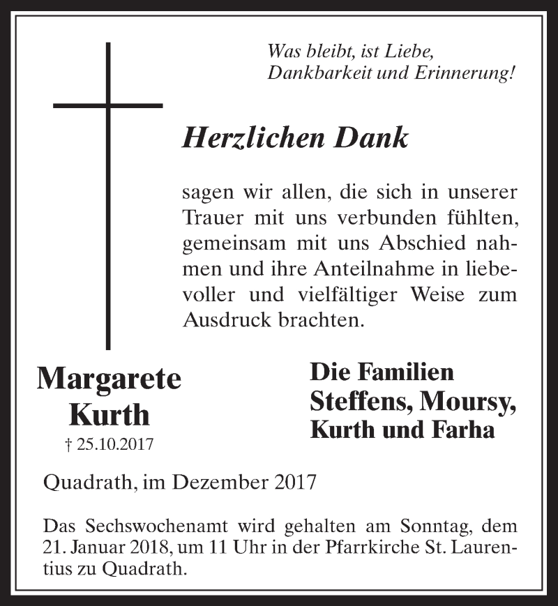  Traueranzeige für Margarete Kurth vom 13.12.2017 aus  Werbepost 