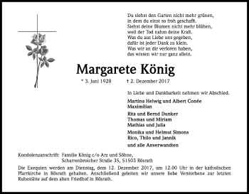 Anzeige von Margarete König von Kölner Stadt-Anzeiger / Kölnische Rundschau / Express