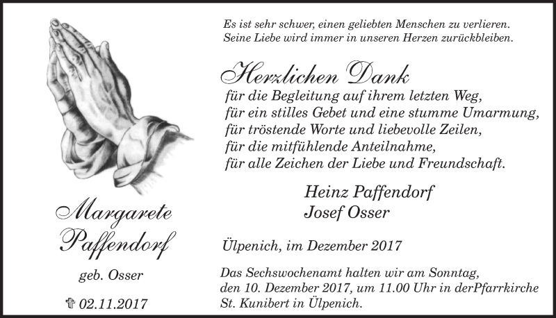  Traueranzeige für Margarete Paffendorf vom 02.12.2017 aus  Blickpunkt Euskirchen 