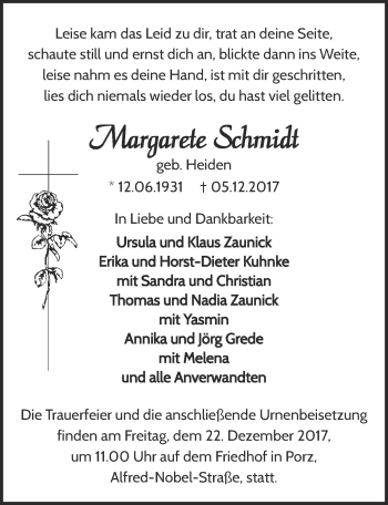 Anzeige von Margarete Schmidt von  Kölner Wochenspiegel 