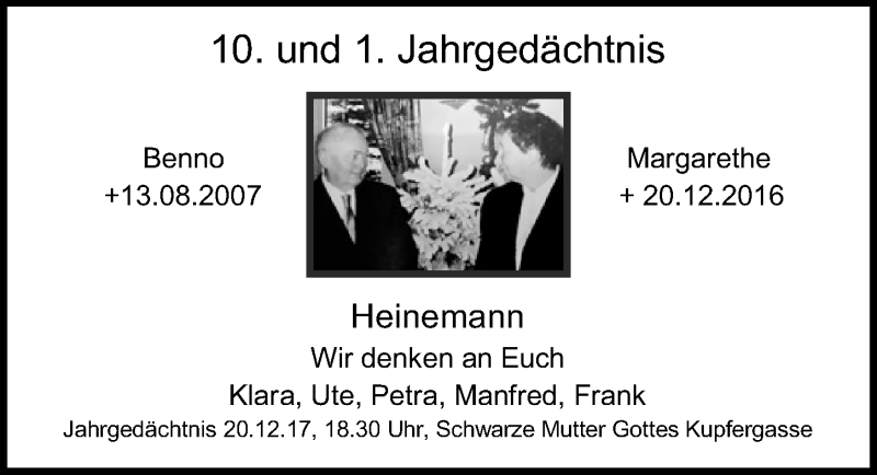  Traueranzeige für Margarethe Heinemann vom 20.12.2017 aus  Kölner Wochenspiegel 