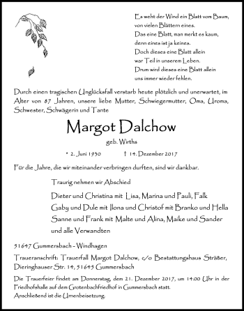 Anzeige von Margot Dalchow von Kölner Stadt-Anzeiger / Kölnische Rundschau / Express