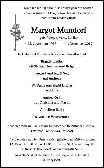 Anzeige von Margot Mundorf von Kölner Stadt-Anzeiger / Kölnische Rundschau / Express