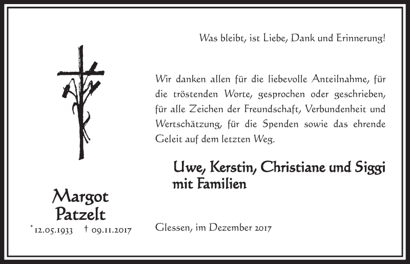  Traueranzeige für Margot Patzelt vom 09.12.2017 aus  Sonntags-Post 