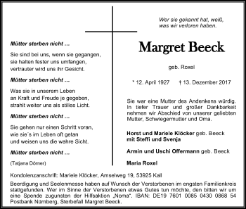 Anzeige von Margret Beeck von Kölner Stadt-Anzeiger / Kölnische Rundschau / Express