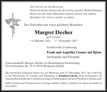 Anzeige von Margret Decher von  Werbepost 