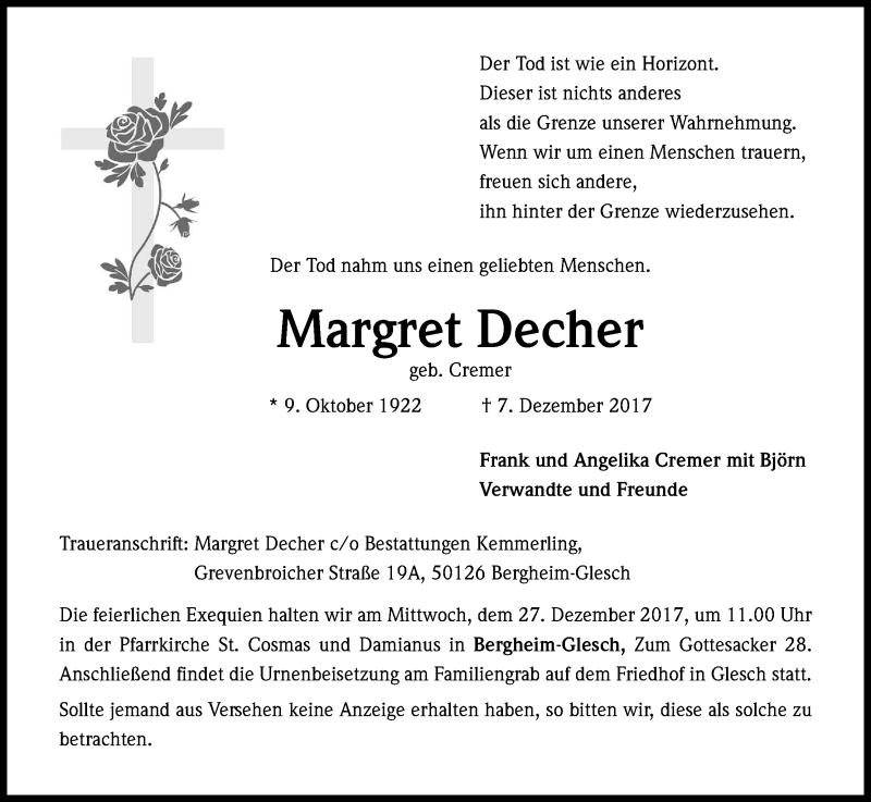  Traueranzeige für Margret Decher vom 22.12.2017 aus Kölner Stadt-Anzeiger / Kölnische Rundschau / Express