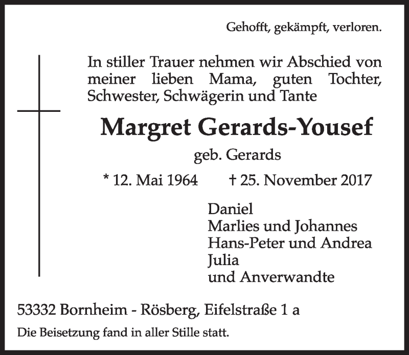  Traueranzeige für Margret Gerards-Yousef vom 06.12.2017 aus  Schlossbote/Werbekurier 