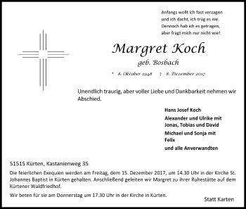 Anzeige von Margret Koch von Kölner Stadt-Anzeiger / Kölnische Rundschau / Express