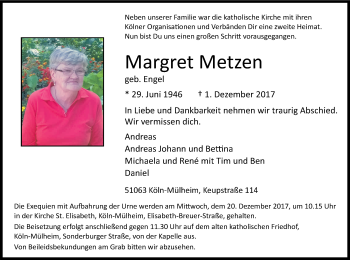 Anzeige von Margret Metzen von Kölner Stadt-Anzeiger / Kölnische Rundschau / Express