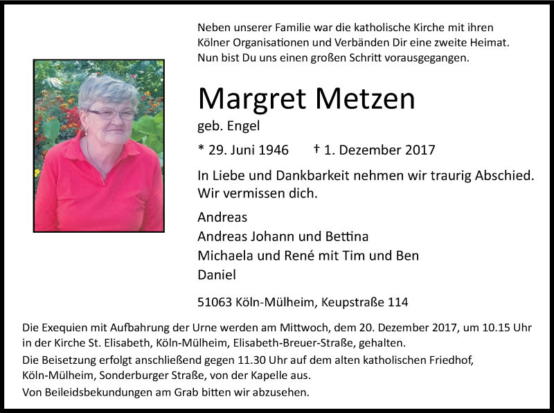  Traueranzeige für Margret Metzen vom 16.12.2017 aus Kölner Stadt-Anzeiger / Kölnische Rundschau / Express