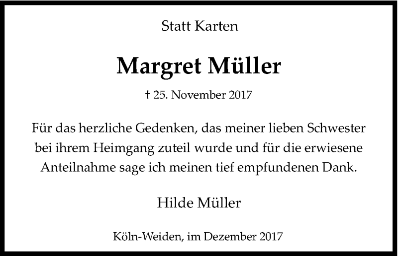  Traueranzeige für Margret Müller vom 16.12.2017 aus Kölner Stadt-Anzeiger / Kölnische Rundschau / Express