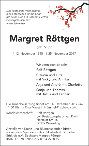 Anzeige von Margret Röttgen von  Schlossbote/Werbekurier 