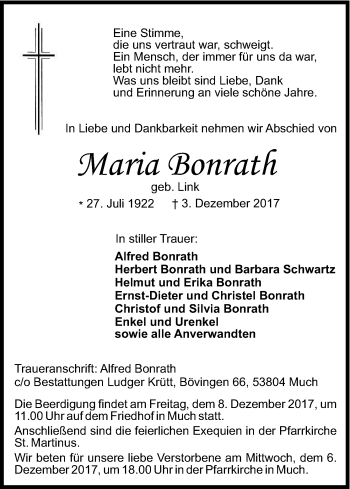 Anzeige von Maria Bonrath von Kölner Stadt-Anzeiger / Kölnische Rundschau / Express