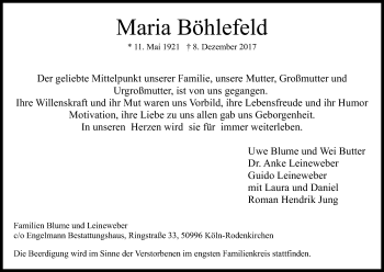 Anzeige von Maria Böhlefeld von Kölner Stadt-Anzeiger / Kölnische Rundschau / Express