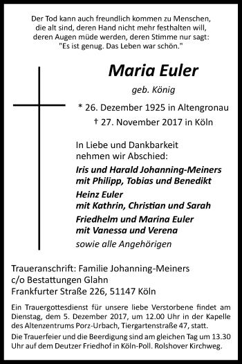 Anzeige von Maria Euler von Kölner Stadt-Anzeiger / Kölnische Rundschau / Express