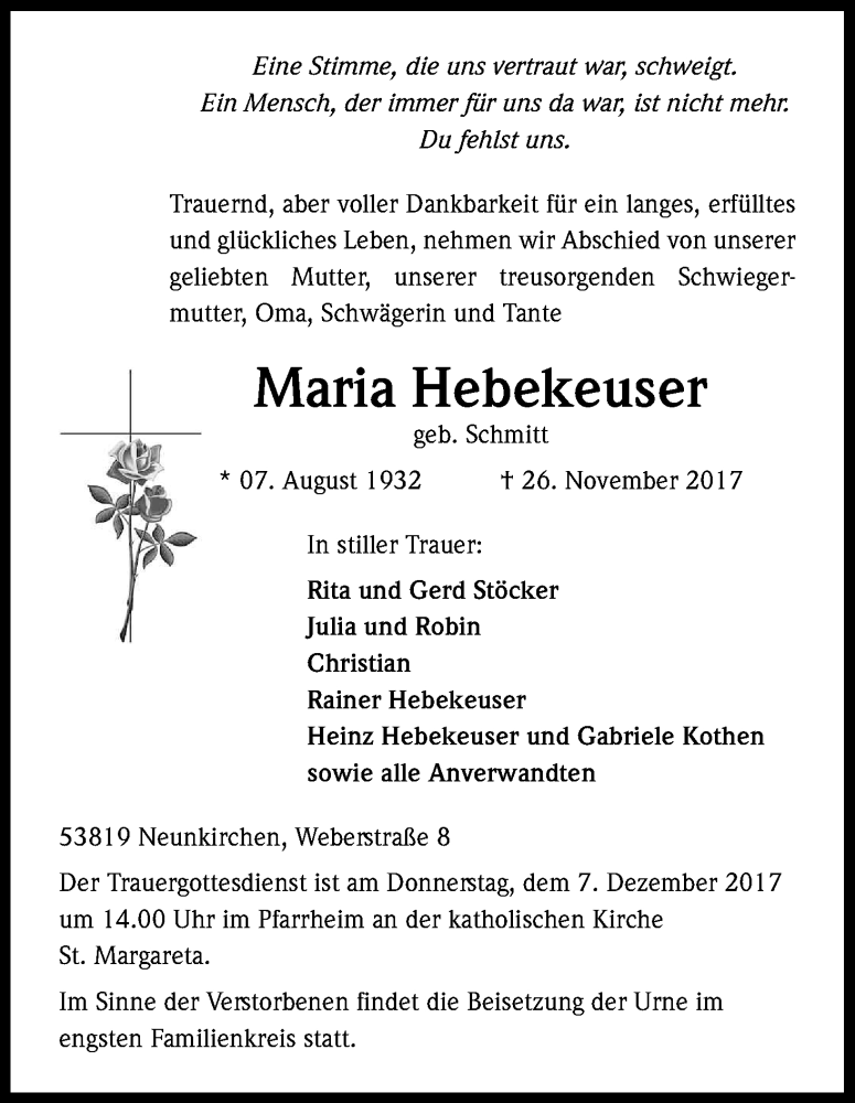  Traueranzeige für Maria Hebekeuser vom 02.12.2017 aus Kölner Stadt-Anzeiger / Kölnische Rundschau / Express