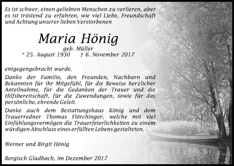 Traueranzeige für Maria Hönig vom 09.12.2017 aus Kölner Stadt-Anzeiger / Kölnische Rundschau / Express