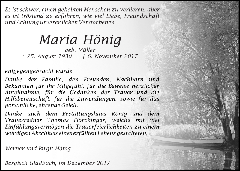  Traueranzeige für Maria Hönig vom 13.12.2017 aus  Bergisches Handelsblatt 