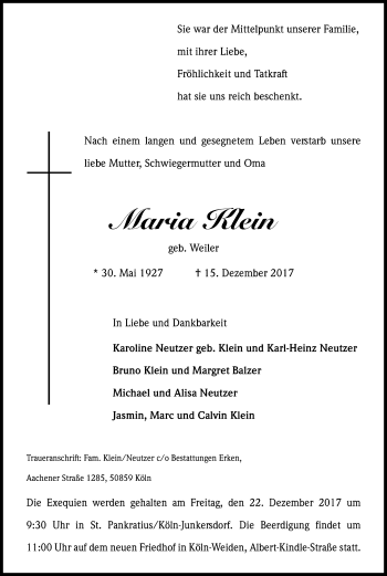 Anzeige von Maria Klein von Kölner Stadt-Anzeiger / Kölnische Rundschau / Express