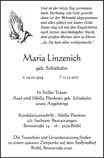 Anzeige von Maria Linzenich von  Schlossbote/Werbekurier 