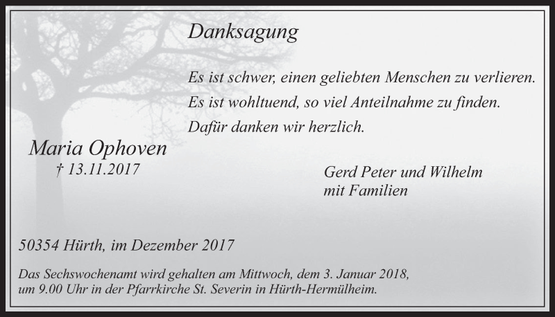 Traueranzeige für Maria Ophoven vom 13.12.2017 aus  Wochenende 