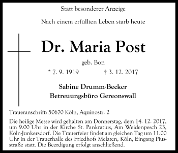 Anzeige von Maria Post von Kölner Stadt-Anzeiger / Kölnische Rundschau / Express