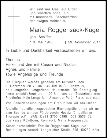 Anzeige von Maria Roggensack-Kugel von Kölner Stadt-Anzeiger / Kölnische Rundschau / Express