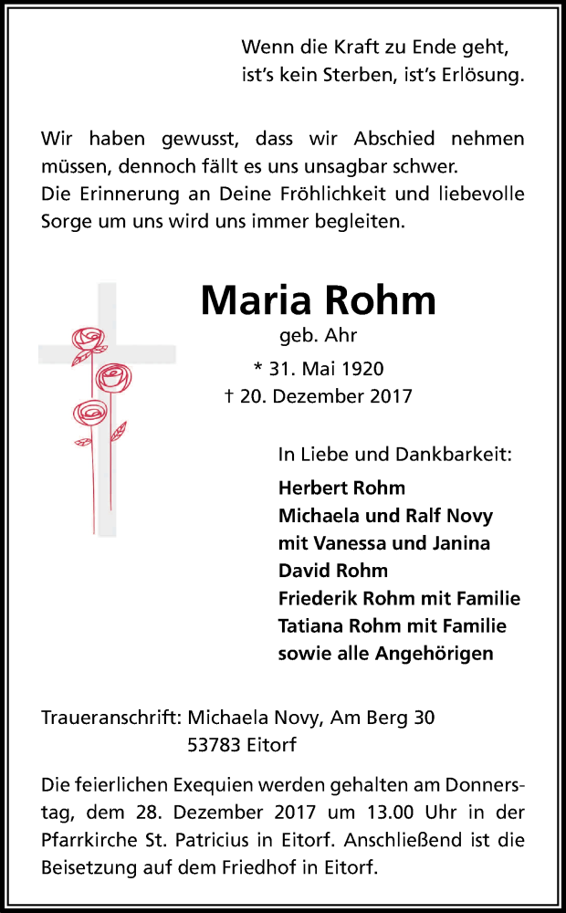  Traueranzeige für Maria Rohm vom 23.12.2017 aus Kölner Stadt-Anzeiger / Kölnische Rundschau / Express
