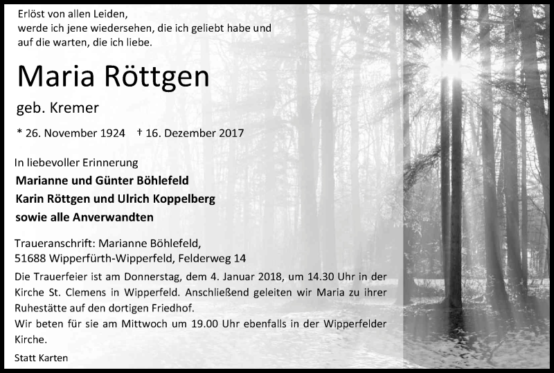  Traueranzeige für Maria Röttgen vom 23.12.2017 aus Kölner Stadt-Anzeiger / Kölnische Rundschau / Express