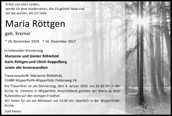 Anzeige von Maria Röttgen von Kölner Stadt-Anzeiger / Kölnische Rundschau / Express