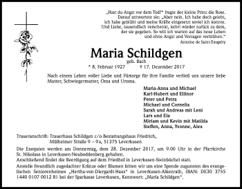 Anzeige von Maria Schildgen von Kölner Stadt-Anzeiger / Kölnische Rundschau / Express