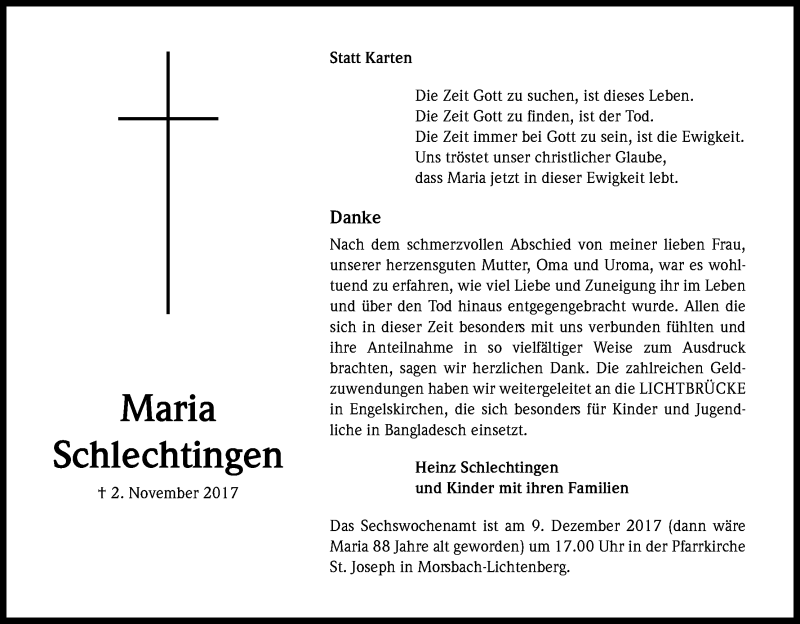  Traueranzeige für Maria Schlechtingen vom 02.12.2017 aus Kölner Stadt-Anzeiger / Kölnische Rundschau / Express