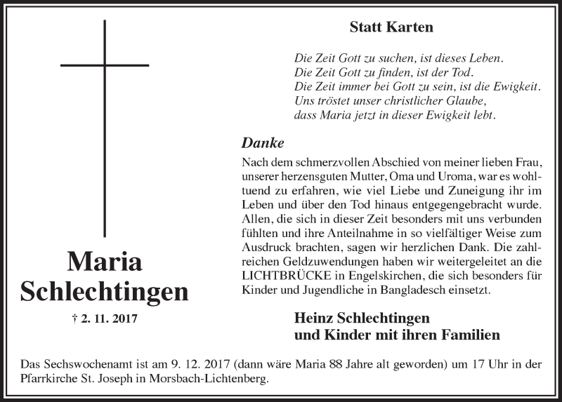 Traueranzeige für Maria Schlechtingen vom 06.12.2017 aus  Lokalanzeiger 