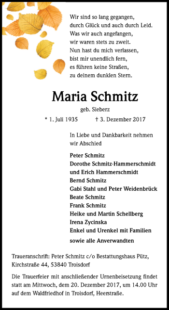 Anzeige von Maria Schmitz von Kölner Stadt-Anzeiger / Kölnische Rundschau / Express